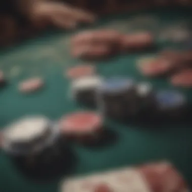 An intricate close-up of poker chips and cards spread across a luxurious velvet table.