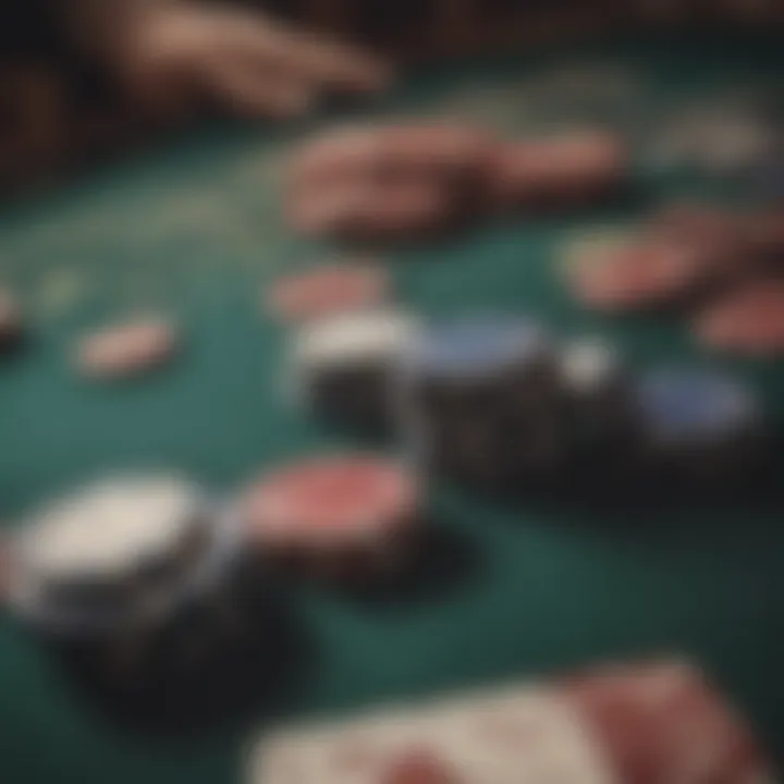 An intricate close-up of poker chips and cards spread across a luxurious velvet table.