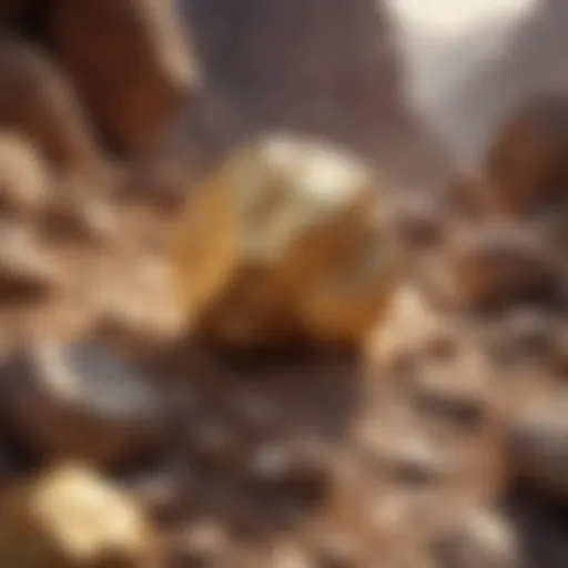 A close-up of a golden nugget embedded in rocky terrain