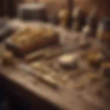 Historical gold mining tools displayed on a rustic wooden table