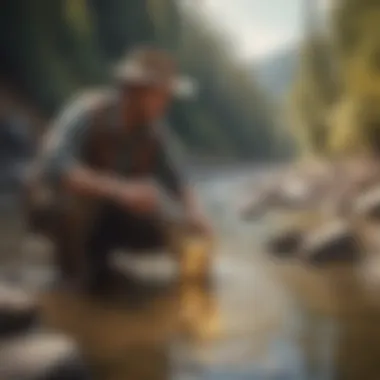 Modern gold panning technique in a serene river