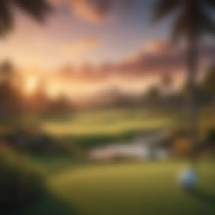 A serene golf course with a sunset backdrop