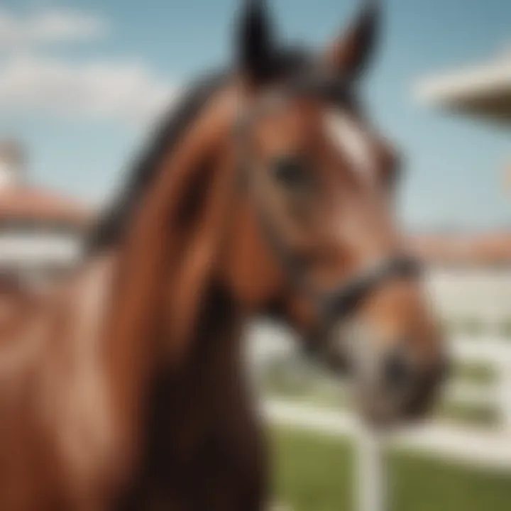 Close-up of a thoroughbred horse ready for a race