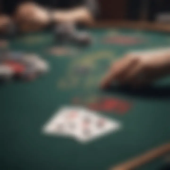 An overview of a blackjack table with cards and chips