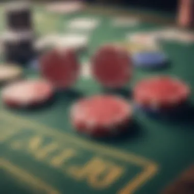 Close-up of poker chips and cards on a table