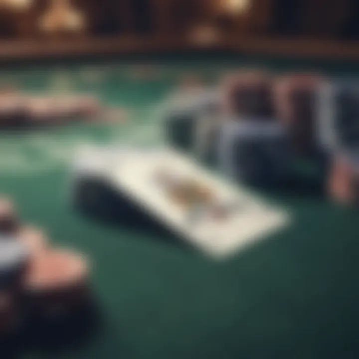 Close-up of a poker table with playing cards and chips